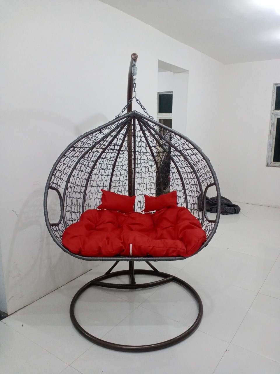 2023 shangjie outdoor rattan wicker double seat hanging egg patio swing chair with metal stand