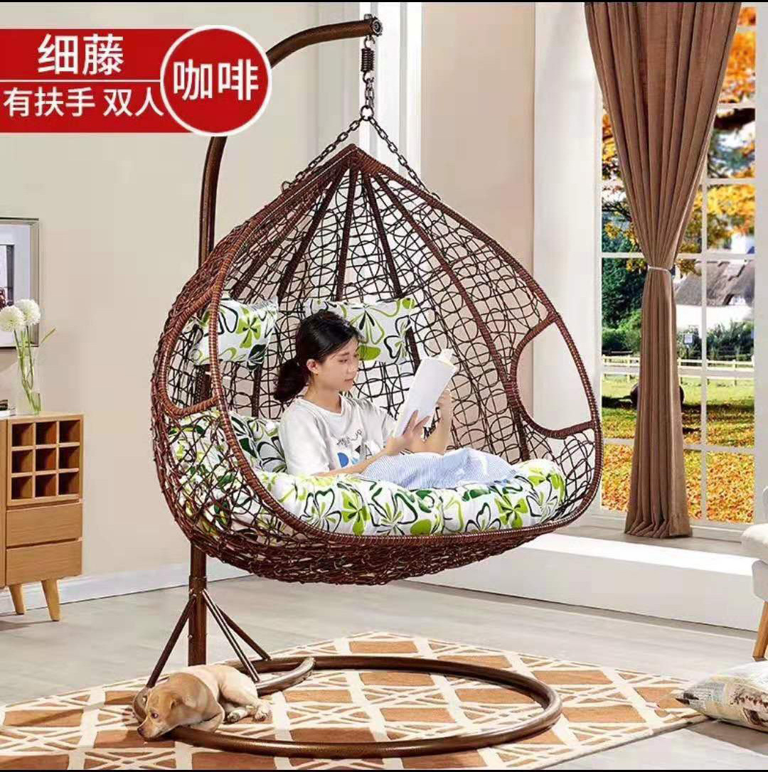 2023 shangjie outdoor rattan wicker double seat hanging egg patio swing chair with metal stand