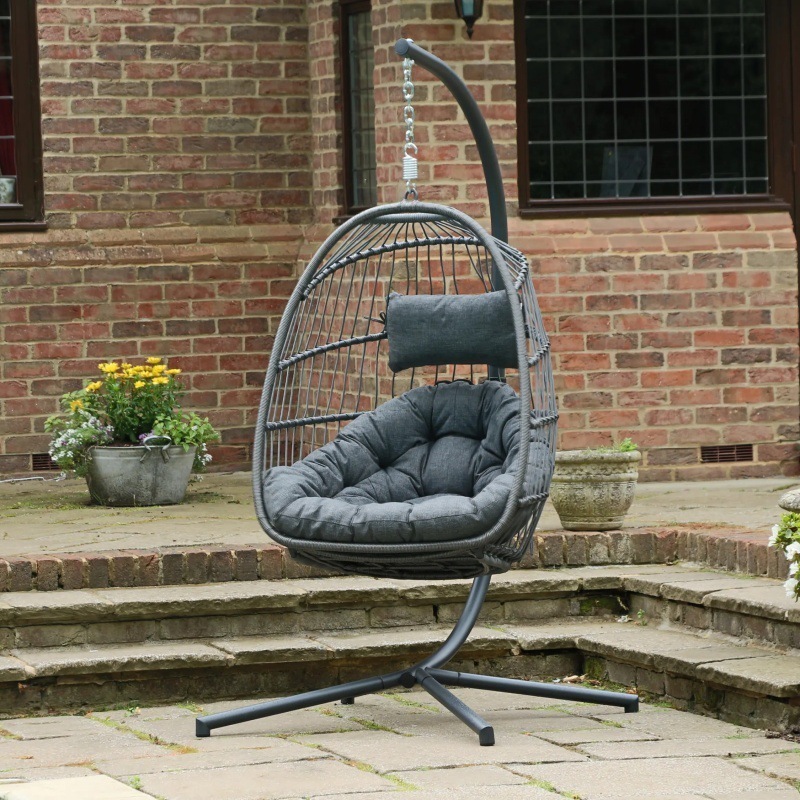 Outdoor Foldable Single Seat Patio Swing Hanging Egg Chair with Metal Stand Indoor Wicker Rattan Garden Swings Furniture chairs