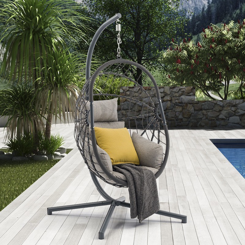 Outdoor Indoor Foldable Swing Easy to Store Basket Wicker Rattan Patio Swings Hanging Egg Nest Chair with Metal Stand