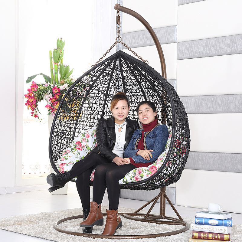 New arrival 2022 shangjie balcony outdoor rattan wicker double seat hanging egg swing chair with metal stand for wholesale