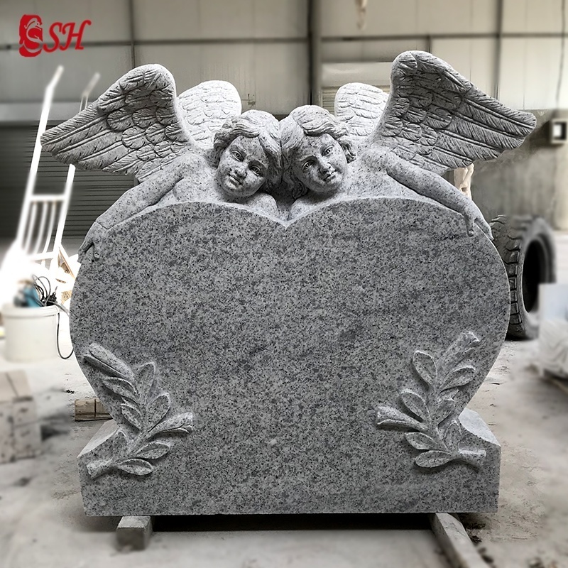 Customized Funeral Stone Granite Double Angel Heart Headstones Marble Weeping Angel Engraving Sculpture Stone Tombstone