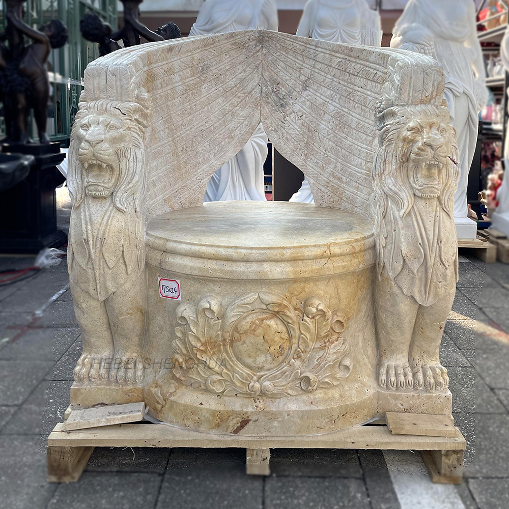 Luxury Natural Travertine Marble Hand Carvings  Outdoor Garden Decoration Chairs With Lion Head Statue Bench