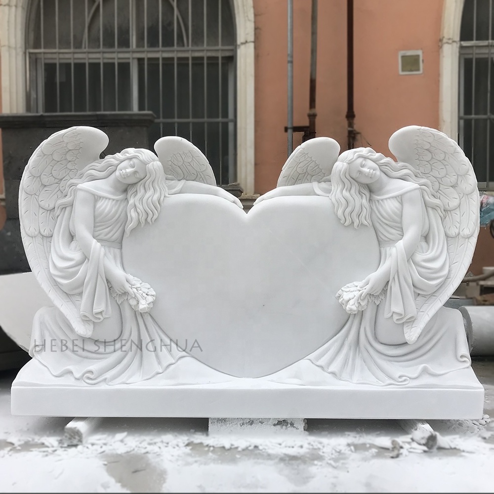 Customized Funeral Stone Granite Double Angel Heart Headstones Marble Weeping Angel Engraving Sculpture Stone Tombstone