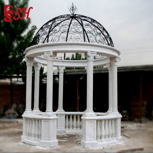 Classic Outdoor Garden Hand Carved Luxury Stone White Marble  Gazebo With Iron Top