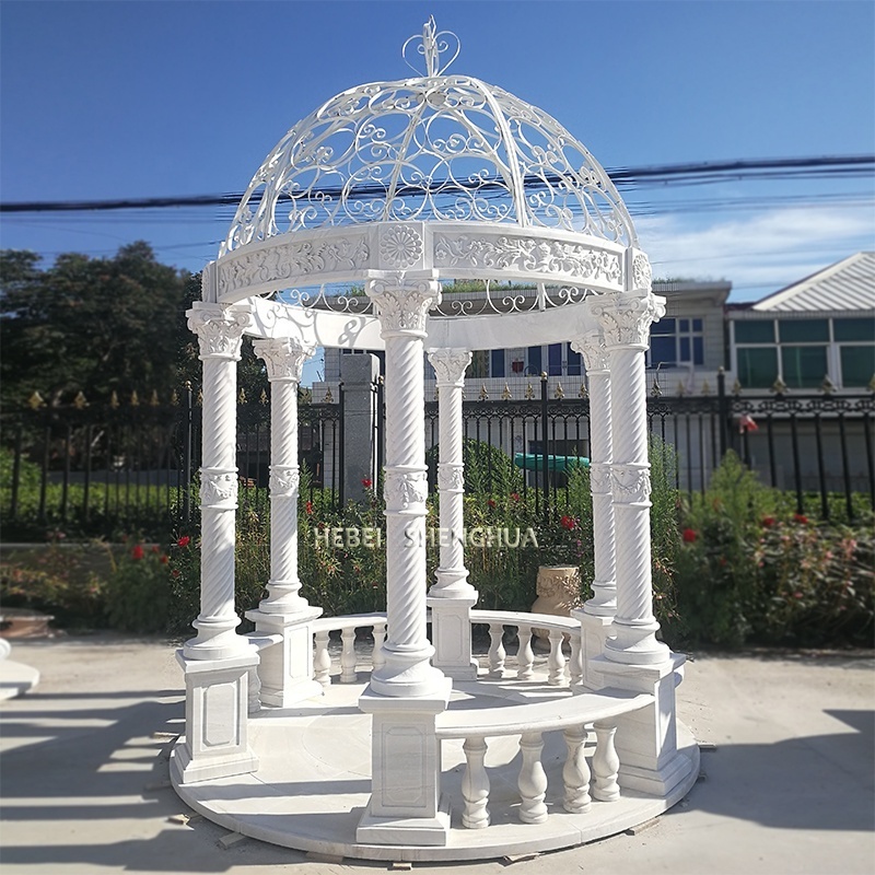 Classic Outdoor Garden Hand Carved Luxury Stone White Marble  Gazebo With Iron Top