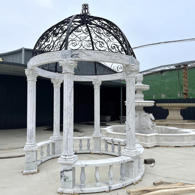 Classic Outdoor Garden Hand Carved Luxury Stone White Marble  Gazebo With Iron Top