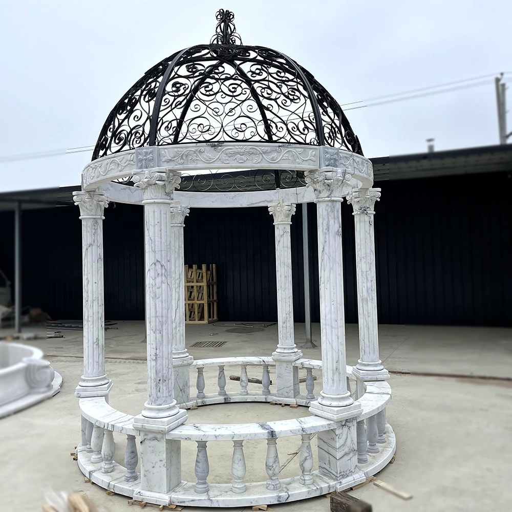 Classic Outdoor Garden Hand Carved Luxury Stone White Marble  Gazebo With Iron Top