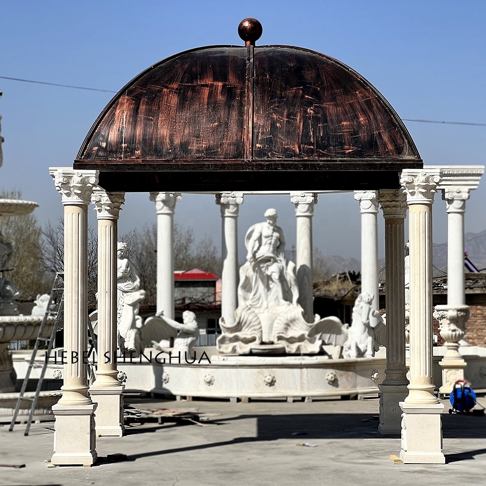 Natural Marble Pergolas  Gazebos Outdoor Egyptian Beige Roman Columns With Iron Top