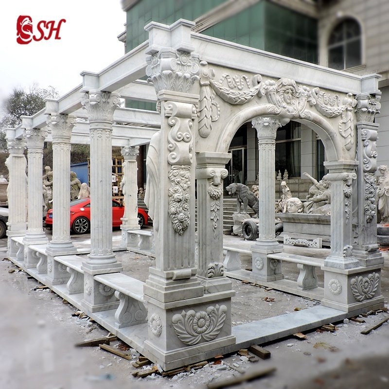 Natural Marble Pergolas  Gazebos Outdoor Egyptian Beige Roman Columns With Iron Top