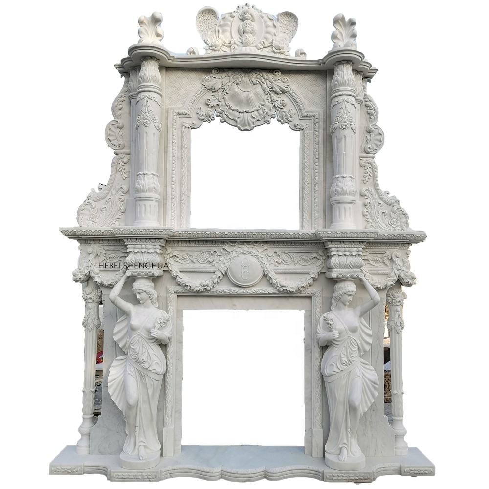 Customized Roman Nature Stone Marble Fireplace Mantle With Angel Statue