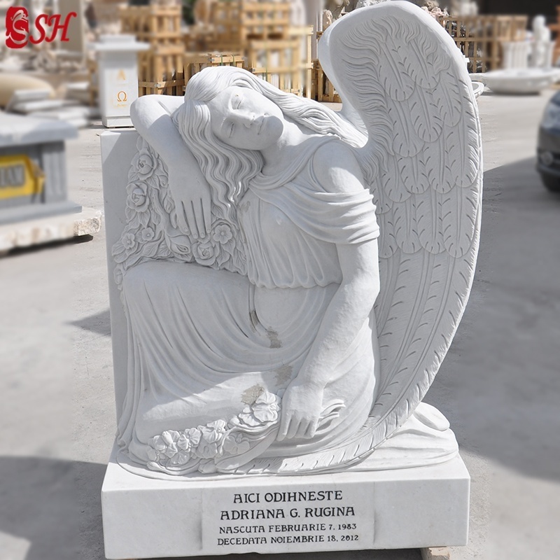 Marble and G603 Granite Headstone with Angel Statue Carved Tombstone Cemetery White or Black SH-SHENGHUA European CN;HEB SH-923