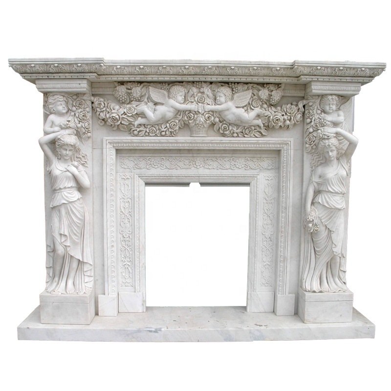 Customized Roman Nature Stone Marble Fireplace Mantle With Angel Statue