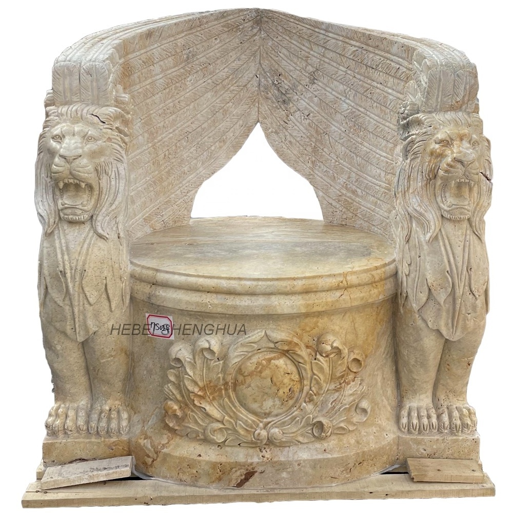 Luxury Natural Travertine Marble Hand Carvings  Outdoor Garden Decoration Chairs With Lion Head Statue Bench