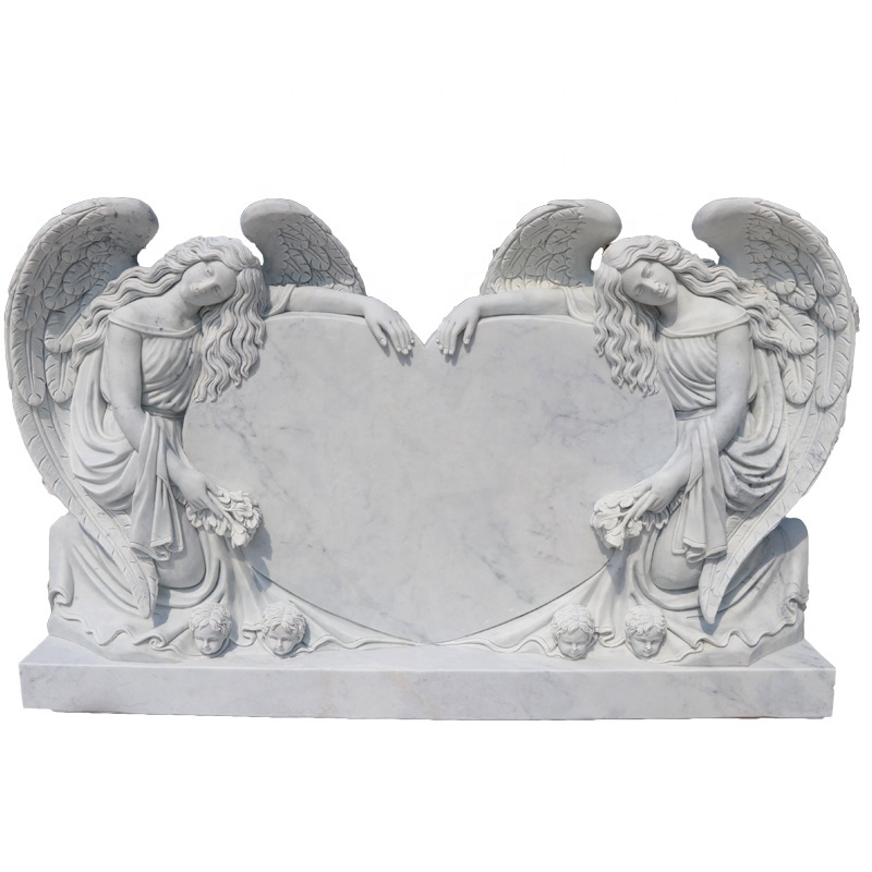 Customized Funeral Stone Granite Double Angel Heart Headstones Marble Weeping Angel Engraving Sculpture Stone Tombstone