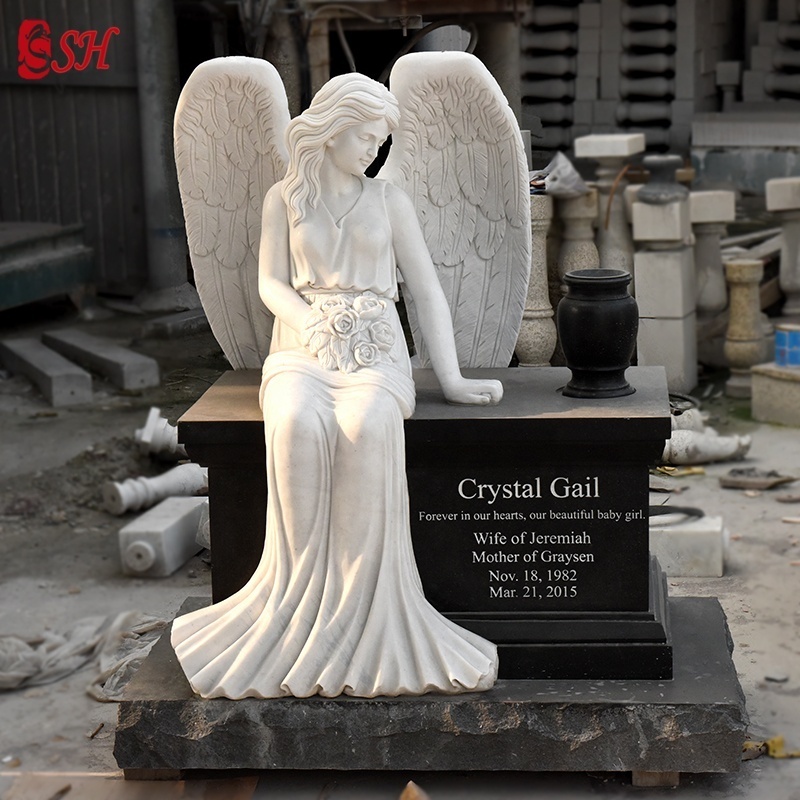 Marble and G603 Granite Headstone with Angel Statue Carved Tombstone Cemetery White or Black SH-SHENGHUA European CN;HEB SH-923