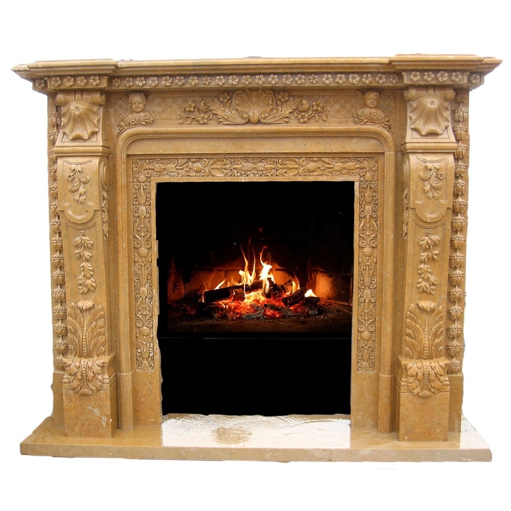 Hand Carved Natural Marble Fireplace Surrounds Wood Burning Stove For Sale