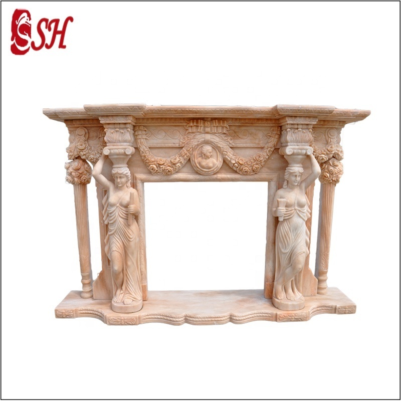 Customized Roman Nature Stone Marble Fireplace Mantle With Angel Statue