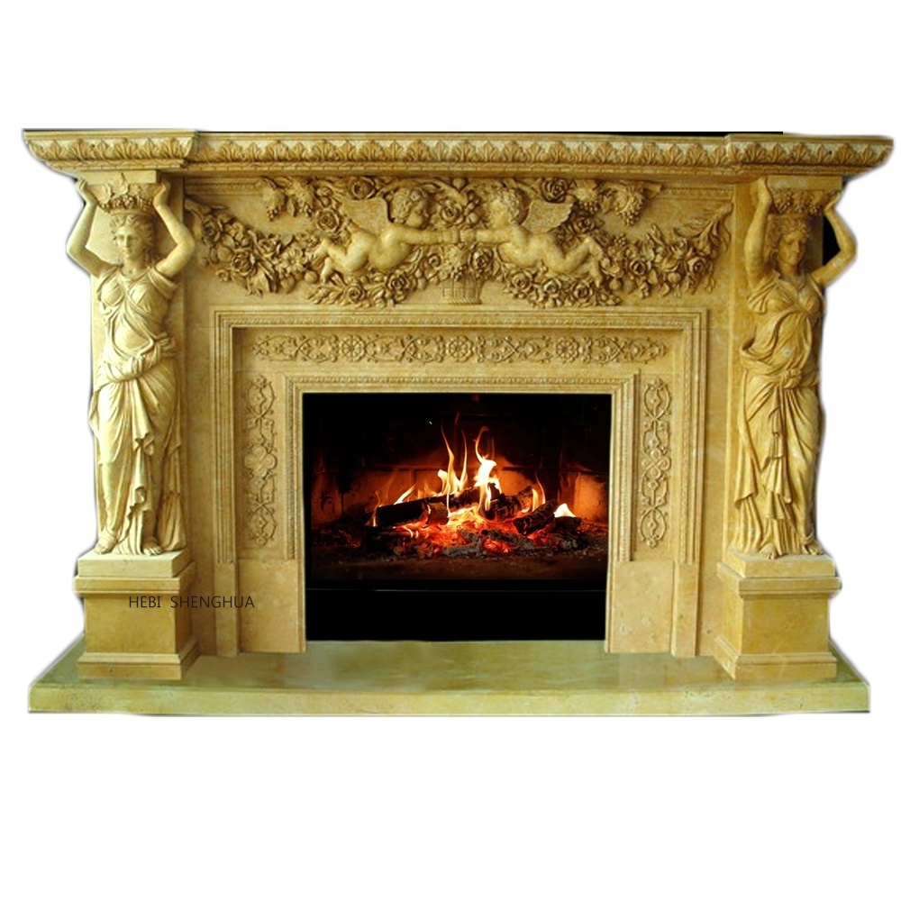 Customized Roman Nature Stone Marble Fireplace Mantle With Angel Statue