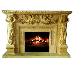 Customized Roman Nature Stone Marble Fireplace Mantle With Angel Statue