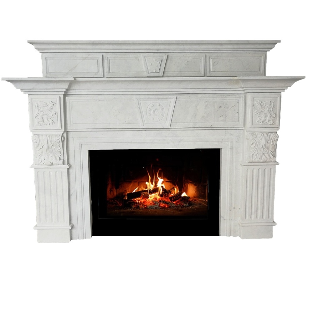 Hand Carved Natural Marble Fireplace Surrounds Wood Burning Stove For Sale