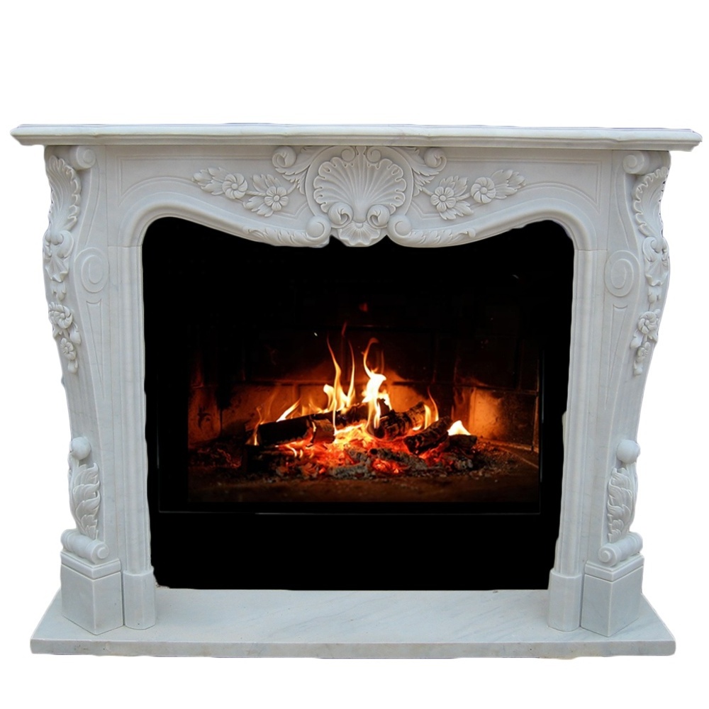 Hand Carved Natural Marble Fireplace Surrounds Wood Burning Stove For Sale