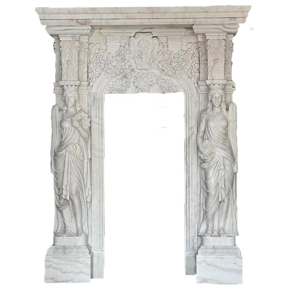 Customized Luxury Natural White Marble Hand Carved Gate Stone Door Surround Pillar Design