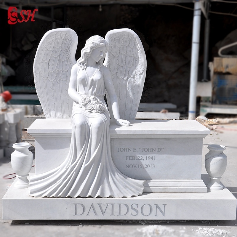 Marble and G603 Granite Headstone with Angel Statue Carved Tombstone Cemetery White or Black SH-SHENGHUA European CN;HEB SH-923