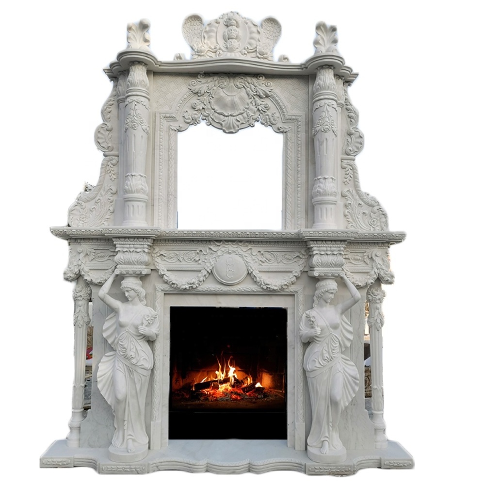 Hand Carved Natural Marble Fireplace Surrounds Wood Burning Stove For Sale