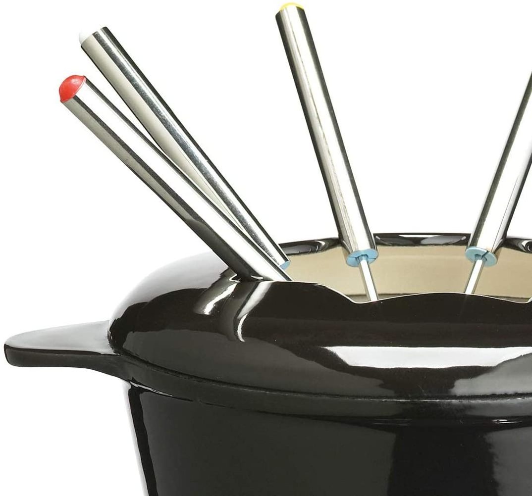 Cast Iron Fondue Set with Red Fondue Pot, 6 Fondue Forks, Fondue Burner and Fondue Pot Base