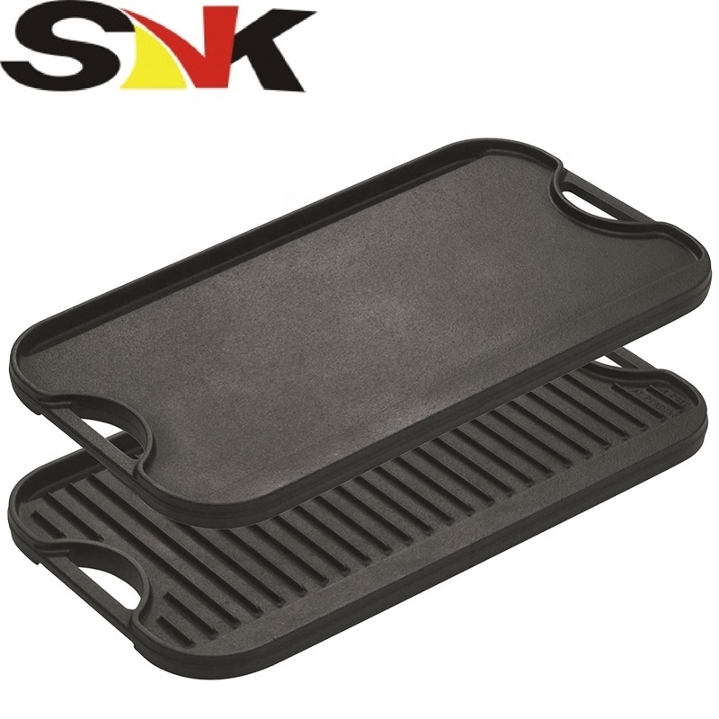 Outdoor Camping Cast Iron Pre-Seasoned Handle Flat Non Stick BBQ Grill Frying Baking Roasting Griddle Skillet Pans