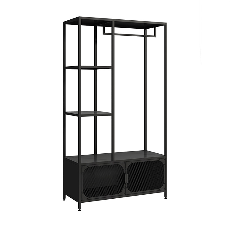 OEM Customize Wholesale Price Modern Black Steel Hanging Clothes Rack Display With 2-door Storage Cabinet