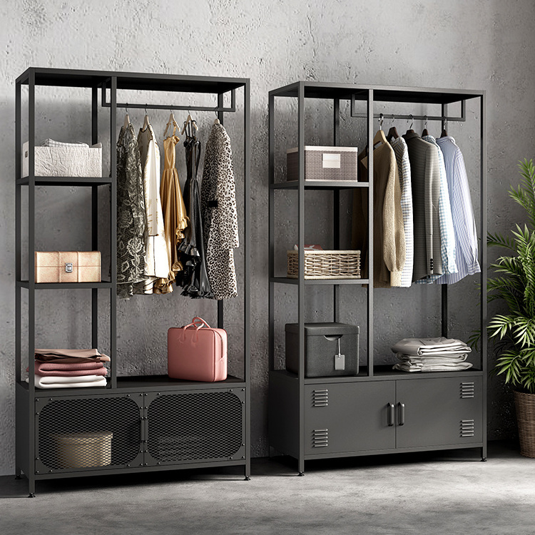 OEM Customize Wholesale Price Modern Black Steel Hanging Clothes Rack Display With 2-door Storage Cabinet