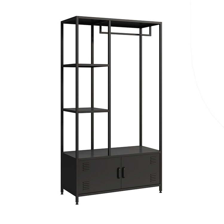 OEM Customize Wholesale Price Modern Black Steel Hanging Clothes Rack Display With 2-door Storage Cabinet