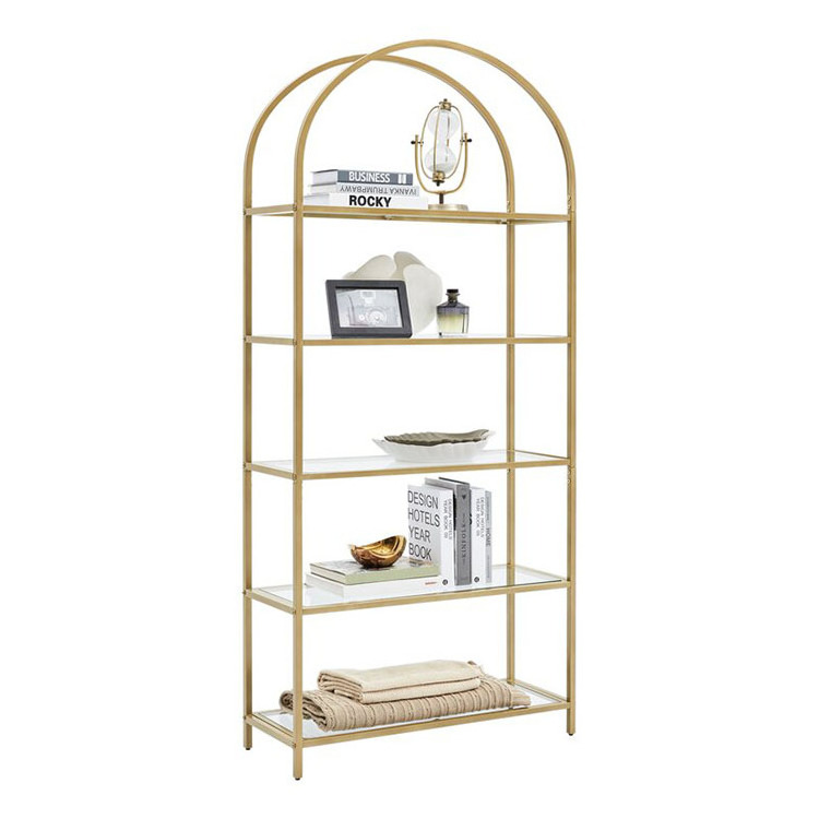 French Home office Iron Frame  Industrial Shelving Unit with 5 Glass Or Metal Tiers Shelves