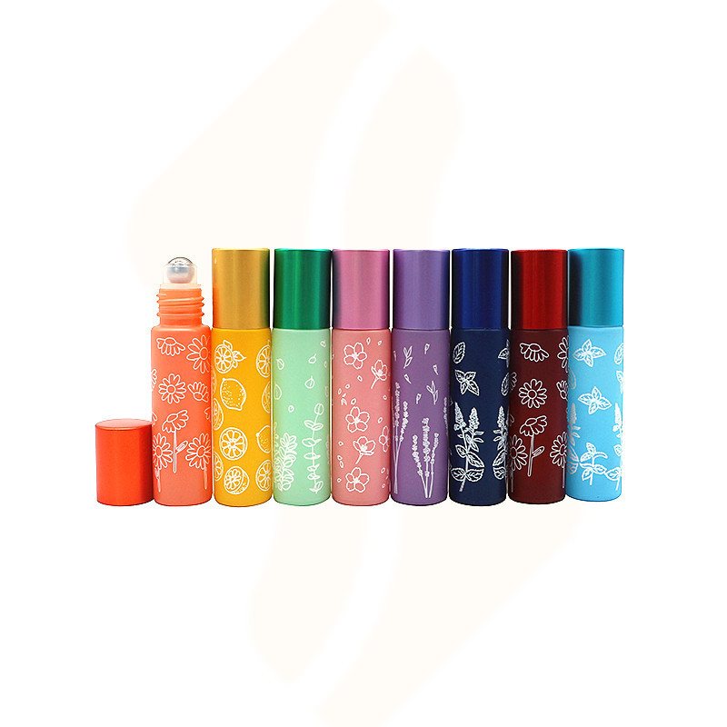 Stock Macaron colorful roll on glass bottle Perfume flower pattern 10ml Essential oil glass roller bottle