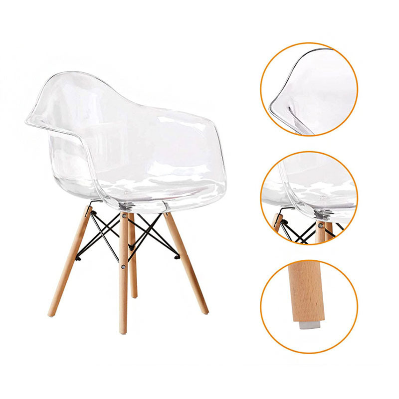 Set of 2 Clear Plastic Armchair Natural Wood Legs Dining Room Chairs ,Lounge Chair with  Wire Leg