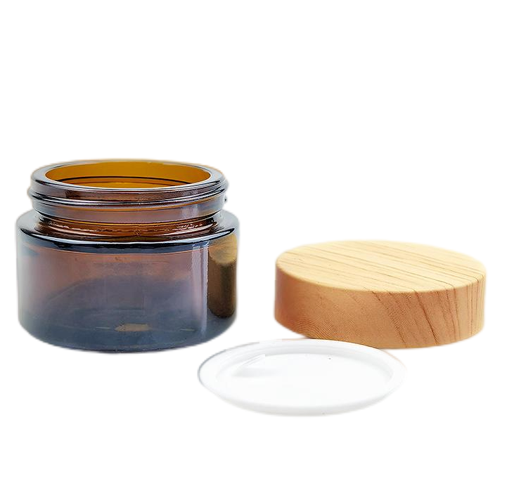 Empty amber brown cosmetic glass jar 1oz 5g 10g 15g 20g 50g 100g 30g eye cream frosted glass jar 50ml with bamboo cap lid