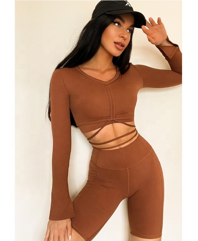 Customized 2024 hot selling tight fitness wear women slim bell pants suit sports bra top yoga coat sports shorts four-piece set