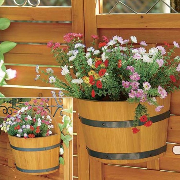 Bulk Brown Round Wood Barrel Planter Large Flower Pots