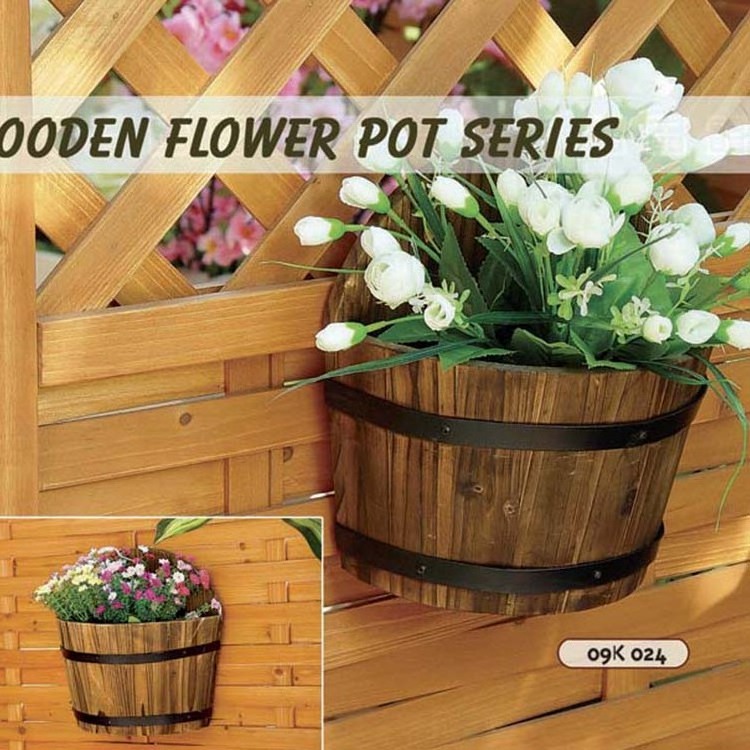 Bulk Brown Round Wood Barrel Planter Large Flower Pots