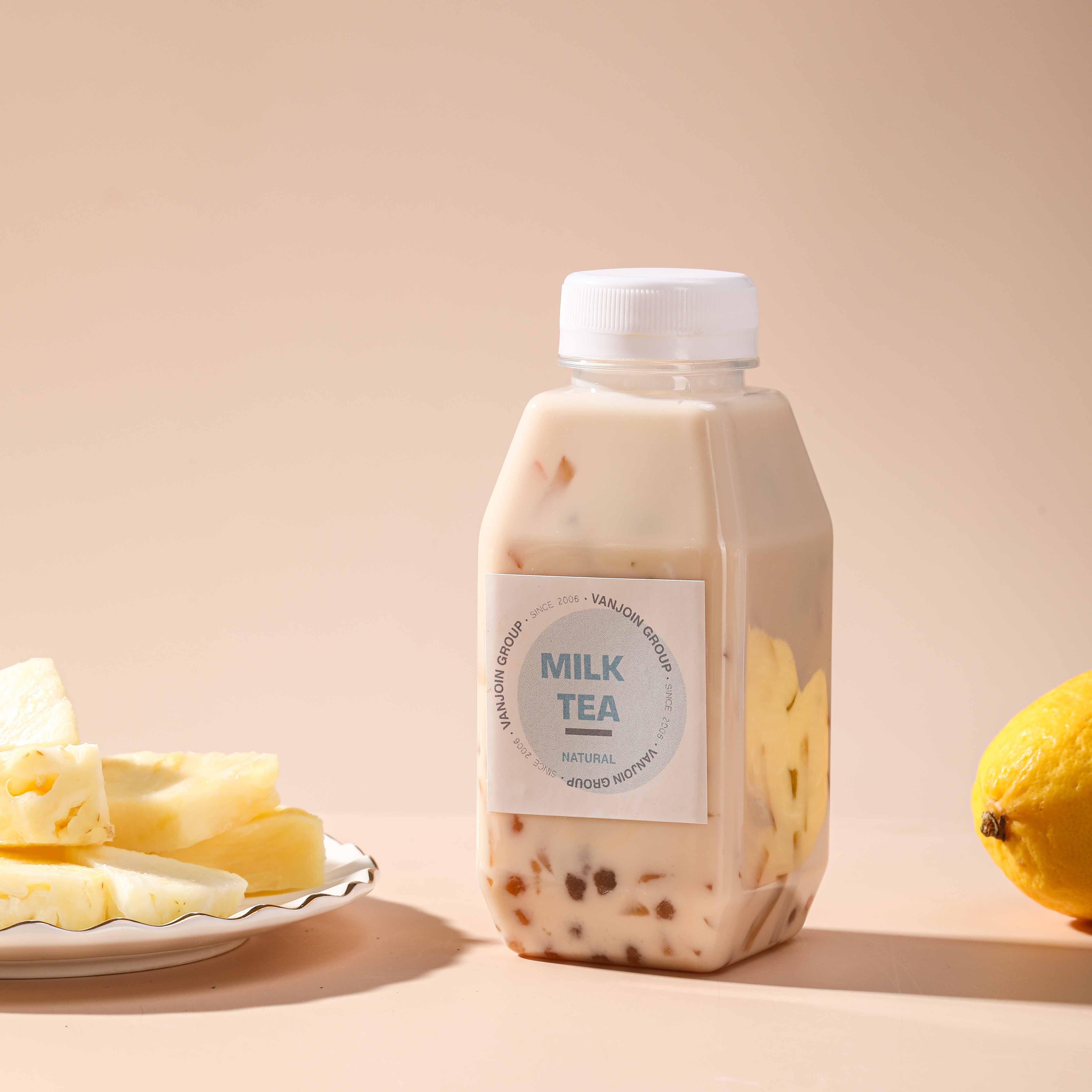 BPA Free Summer Cold Drink Plastic Square Bottle Package Tamper Evident Cap 330ml Bubble Milk Tea Bottle for Juice with Label