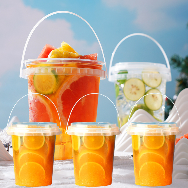 500ML 1L 2L Plastic Deli Food Storage Containers Cotton Candy Bucket Fruits Tea Take Away Bucket with Airtight Lids