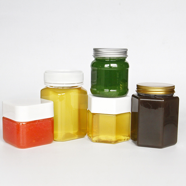 Oval Hexagon Square plastic jars for food pickle chili sauce honey candy with metal lid