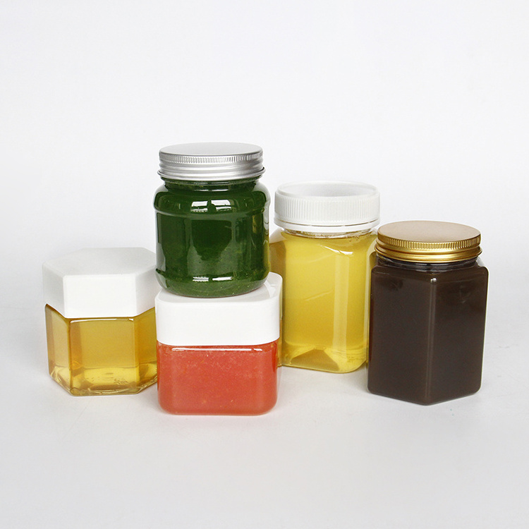 Oval Hexagon Square plastic jars for food pickle chili sauce honey candy with metal lid