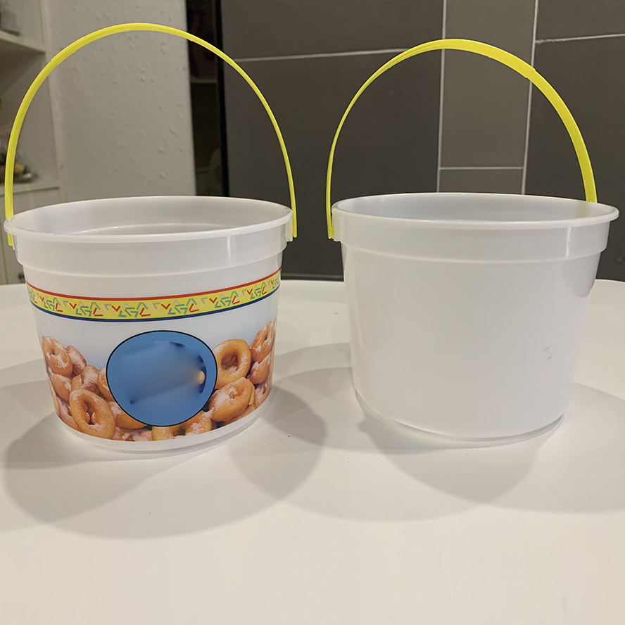 Empty 48 oz. Own Logo Printed Plastic Mini Donut Bucket With Yellow And Red Carrying Handle And Lids