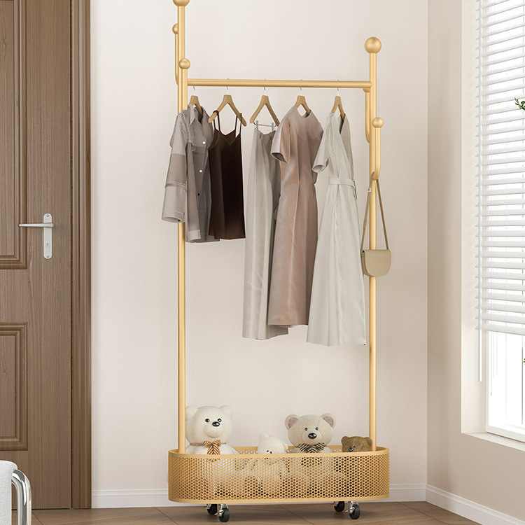 Metal Clothes Rack Gold Clothing Rack with Storage Basket Hooks Corner Garment Rack for Bedroom Living Room