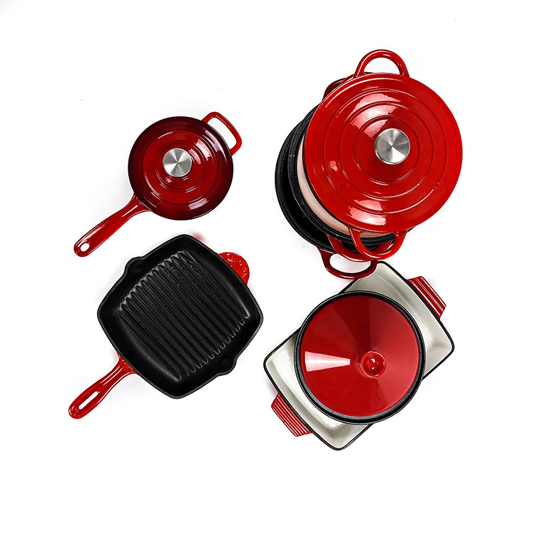 2023 Factory Supply Customizable kitchen red enamel cast iron pans and iron pots cast cookware set