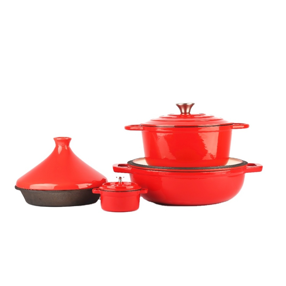 2023 Factory Supply Customizable kitchen red enamel cast iron pans and iron pots cast cookware set