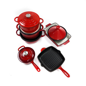 2023 Factory Supply Customizable kitchen red enamel cast iron pans and iron pots cast cookware set